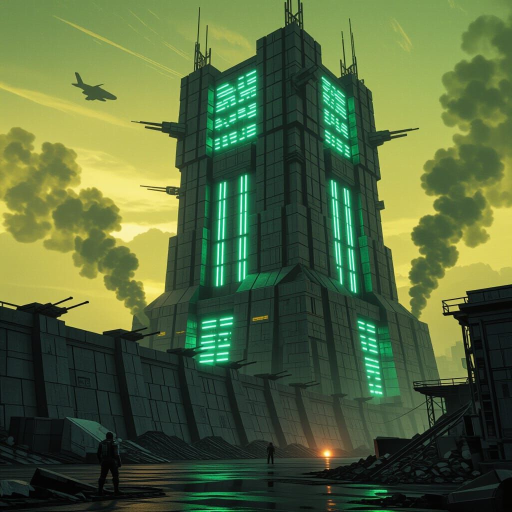 Brutalist Techno-Orc Fortress with Neon Green Power Conduits