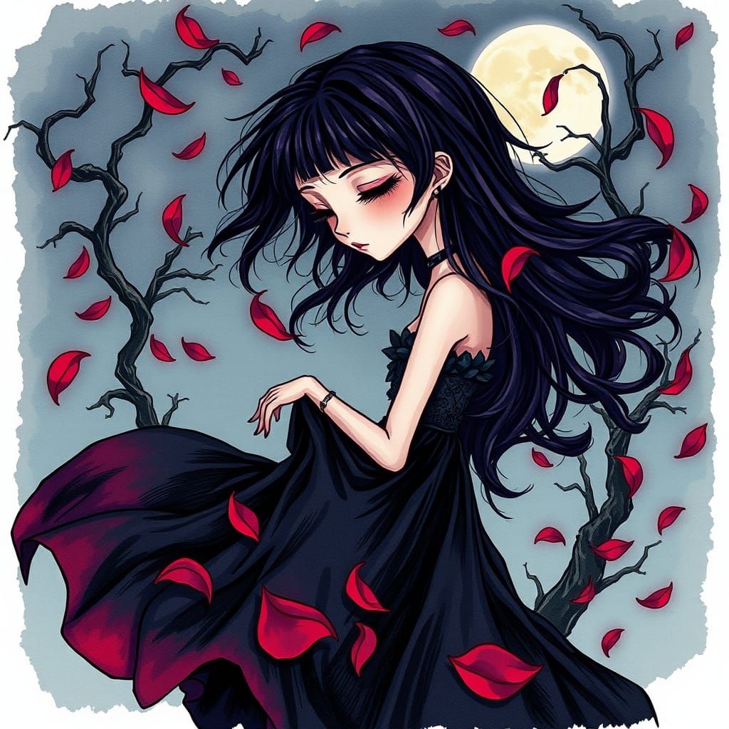 Gothic Emo Girl in Whirlwind of Petals Under Full Moon