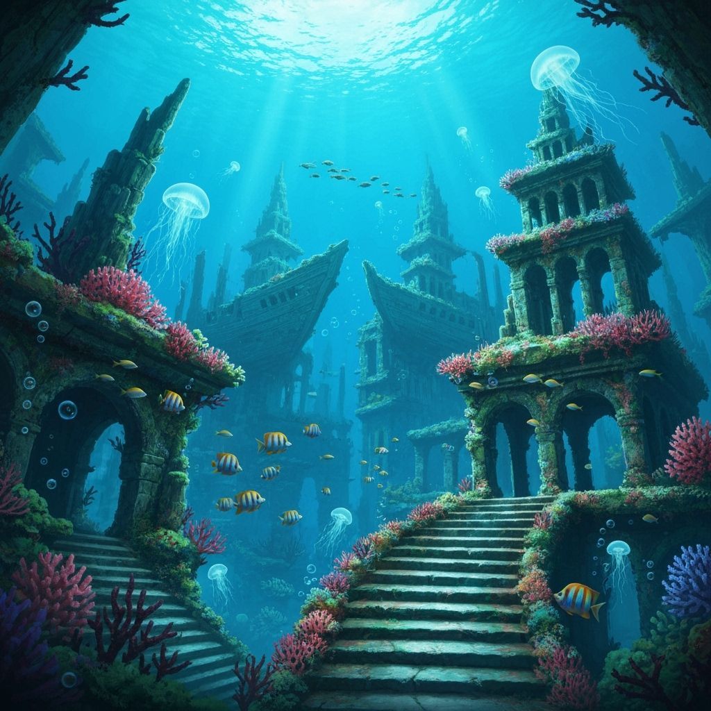 Bioluminescent Underwater City of Coral and Shipwrecks