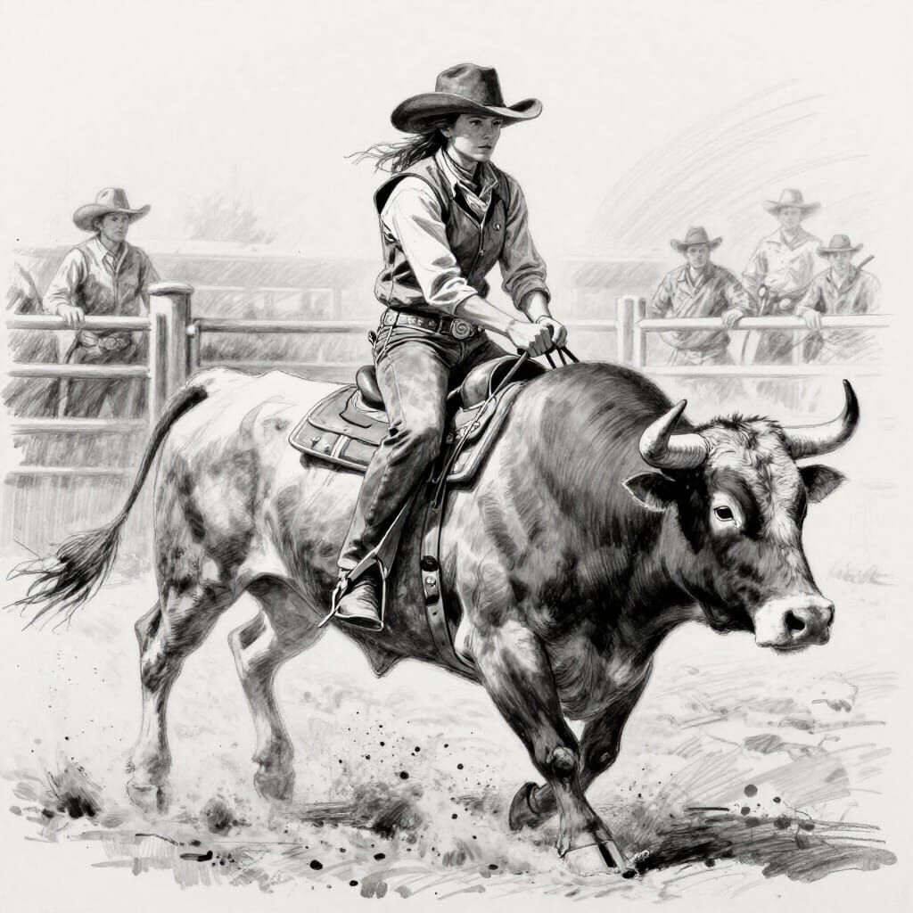 Monochrome Cowgirl Tames Bucking Bull in Dusty Rodeo