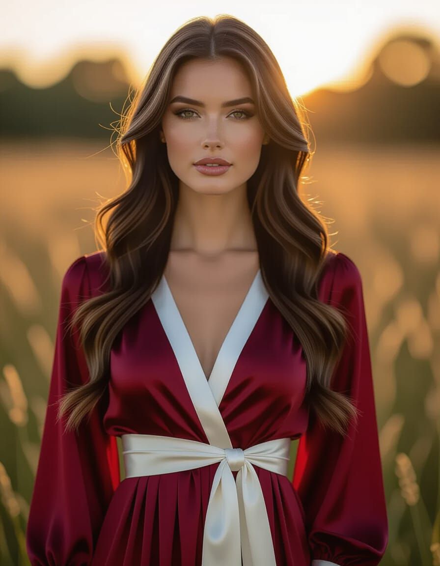 Elegant Woman in Burgundy Silk Dress with Golden Hour Lighti...