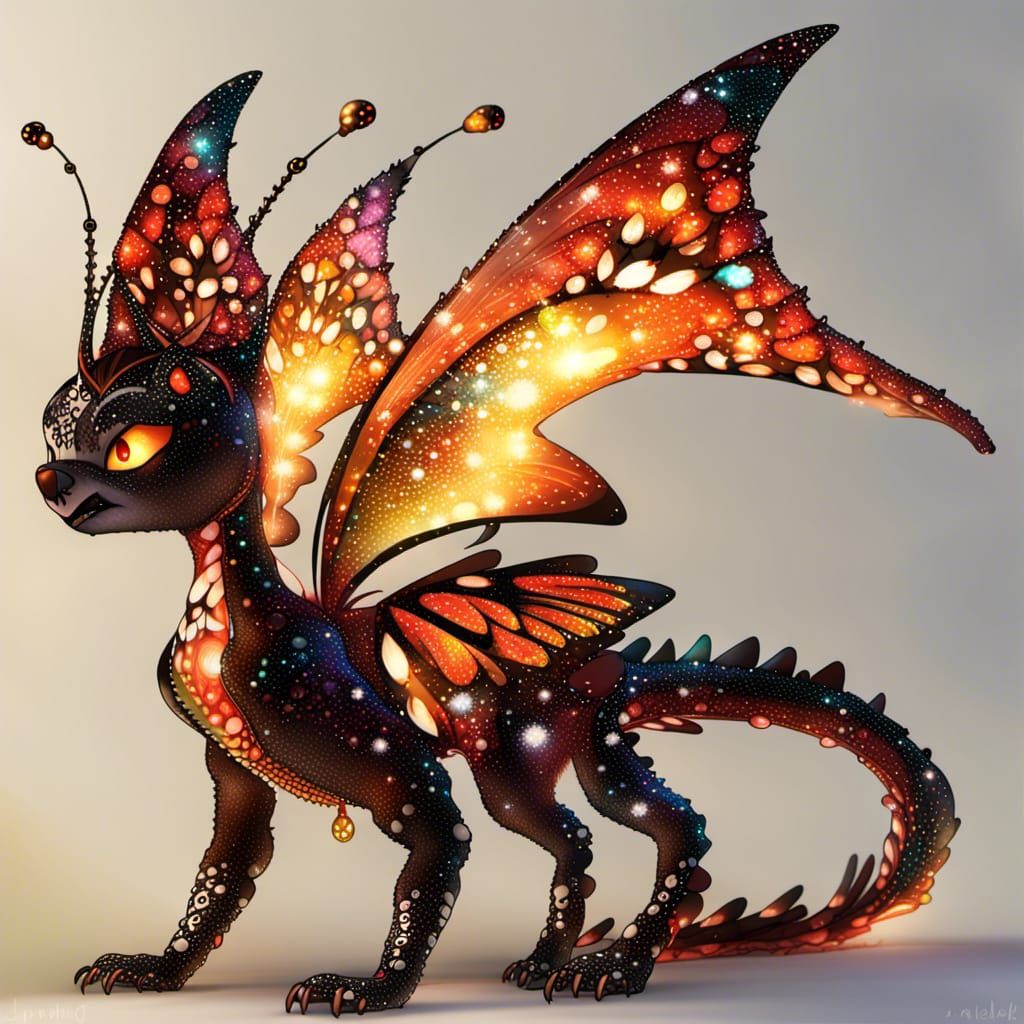 Fractal Fire-Dragon Butterfly Monster with Fairies