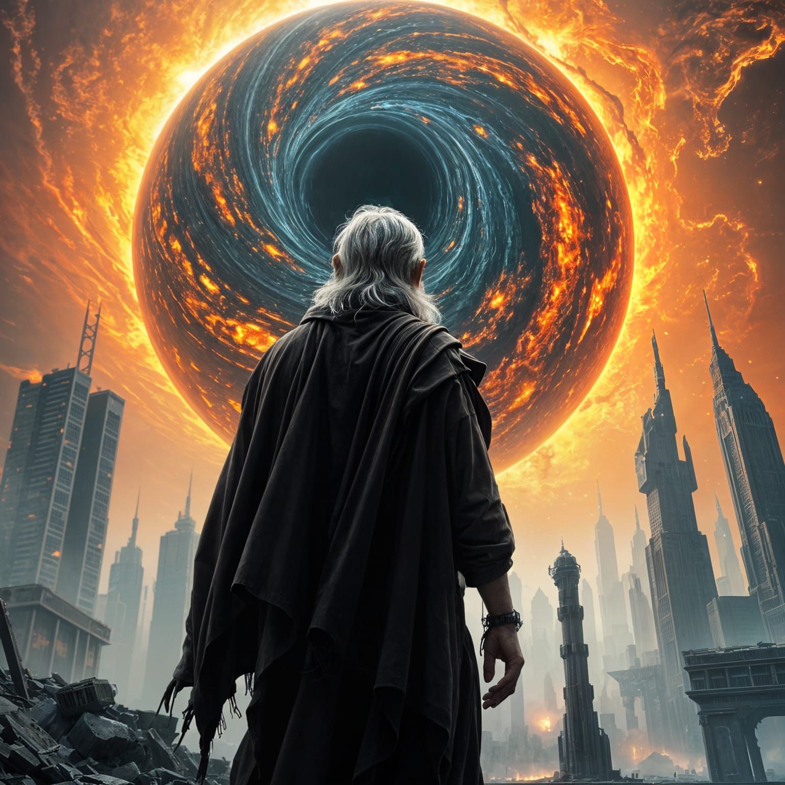 Strong Old Man Gazing Up at Swirling Black Hole