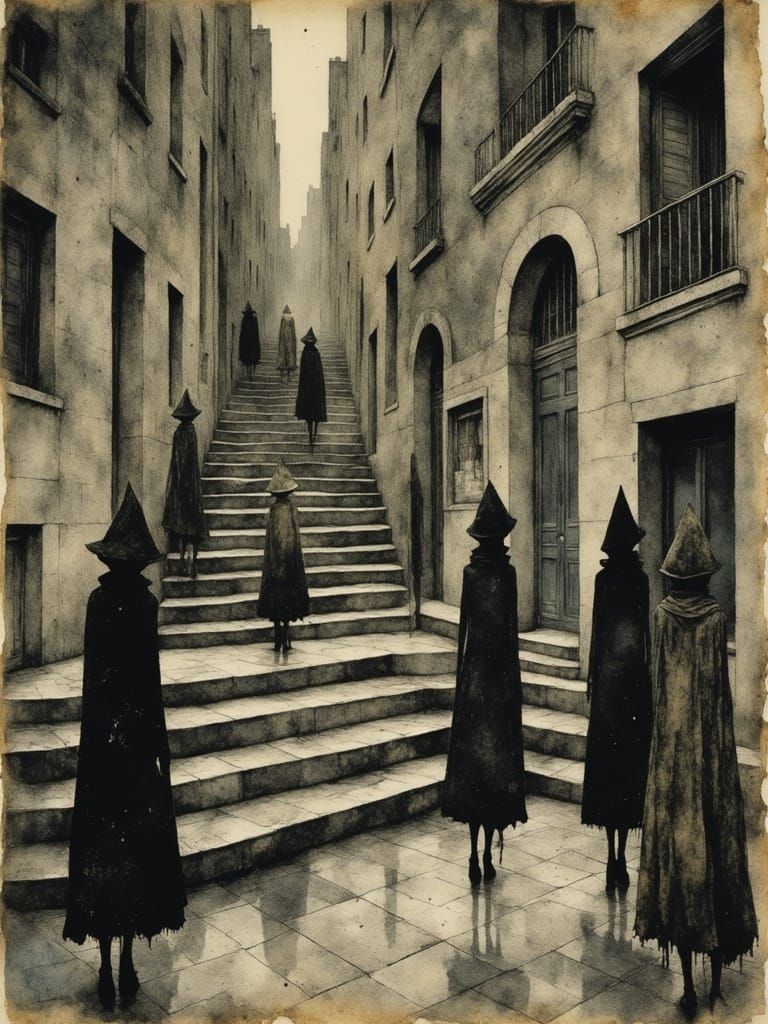 Escher-Inspired Geometric Abstract with Klimt-like Staircase