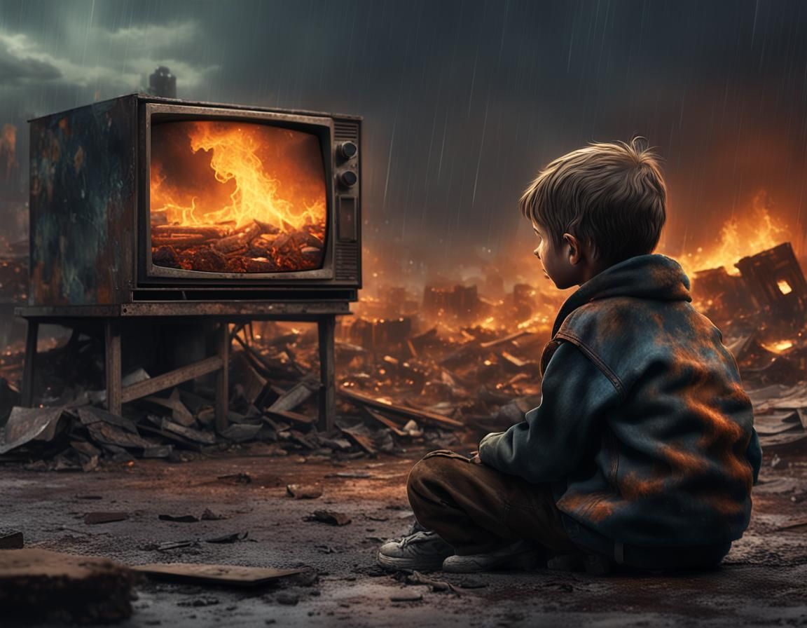 Homeless Boy Watches Burning TV in Wasteland