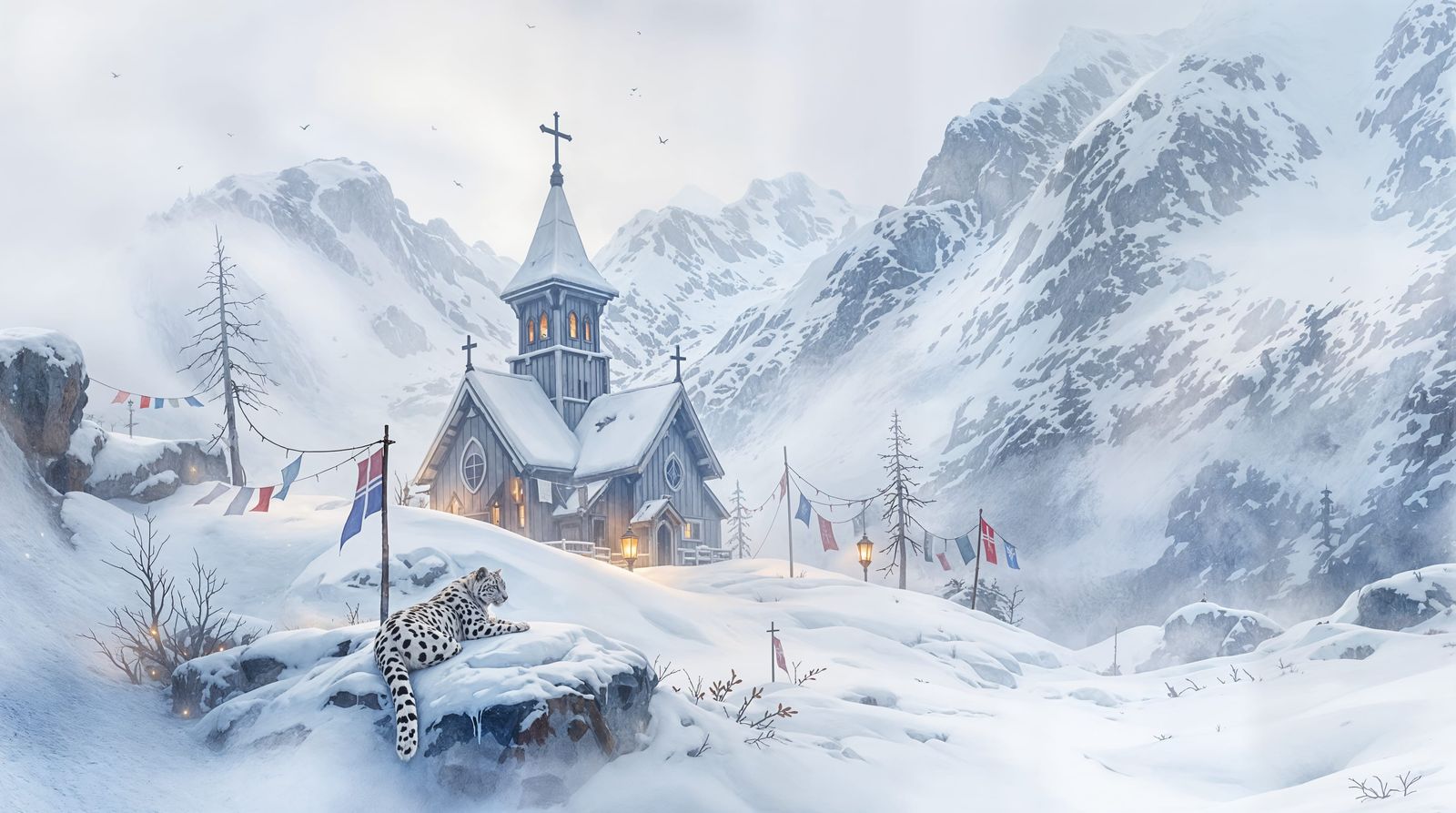 Norwegian Mountain Stave Church in Snowy Serenity