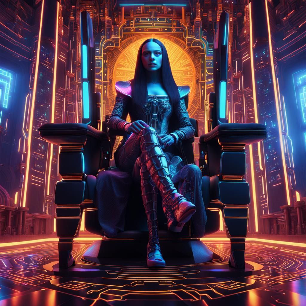 Futuristic Cyberpunk Mona Lisa in High-Tech Throne Room