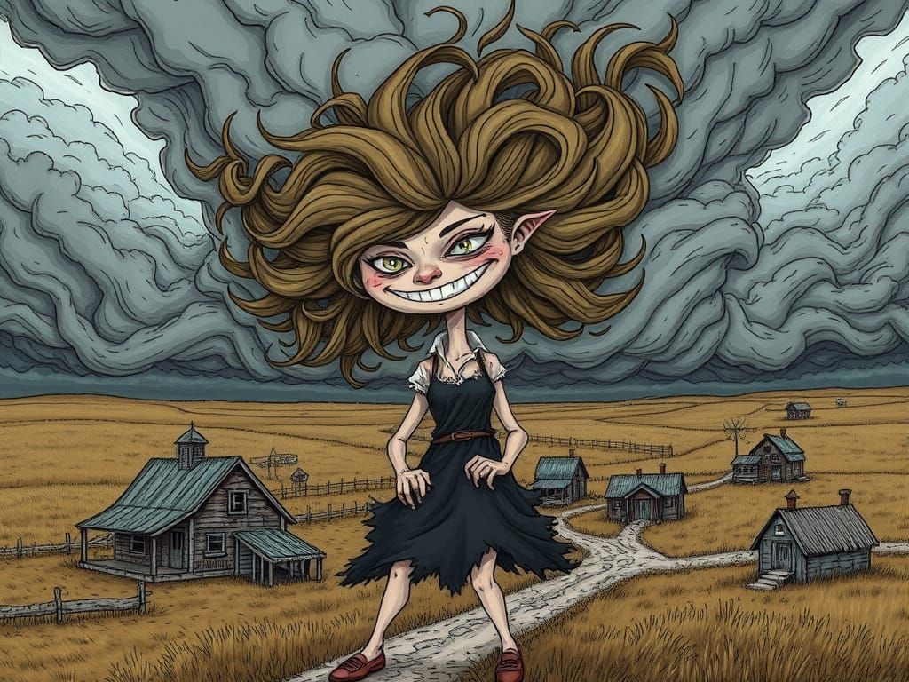 Humorous Cyclone Woman Attacks Town in Whimsical Style