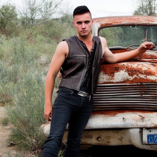 Man in Spiked Vest with Rusty Car
