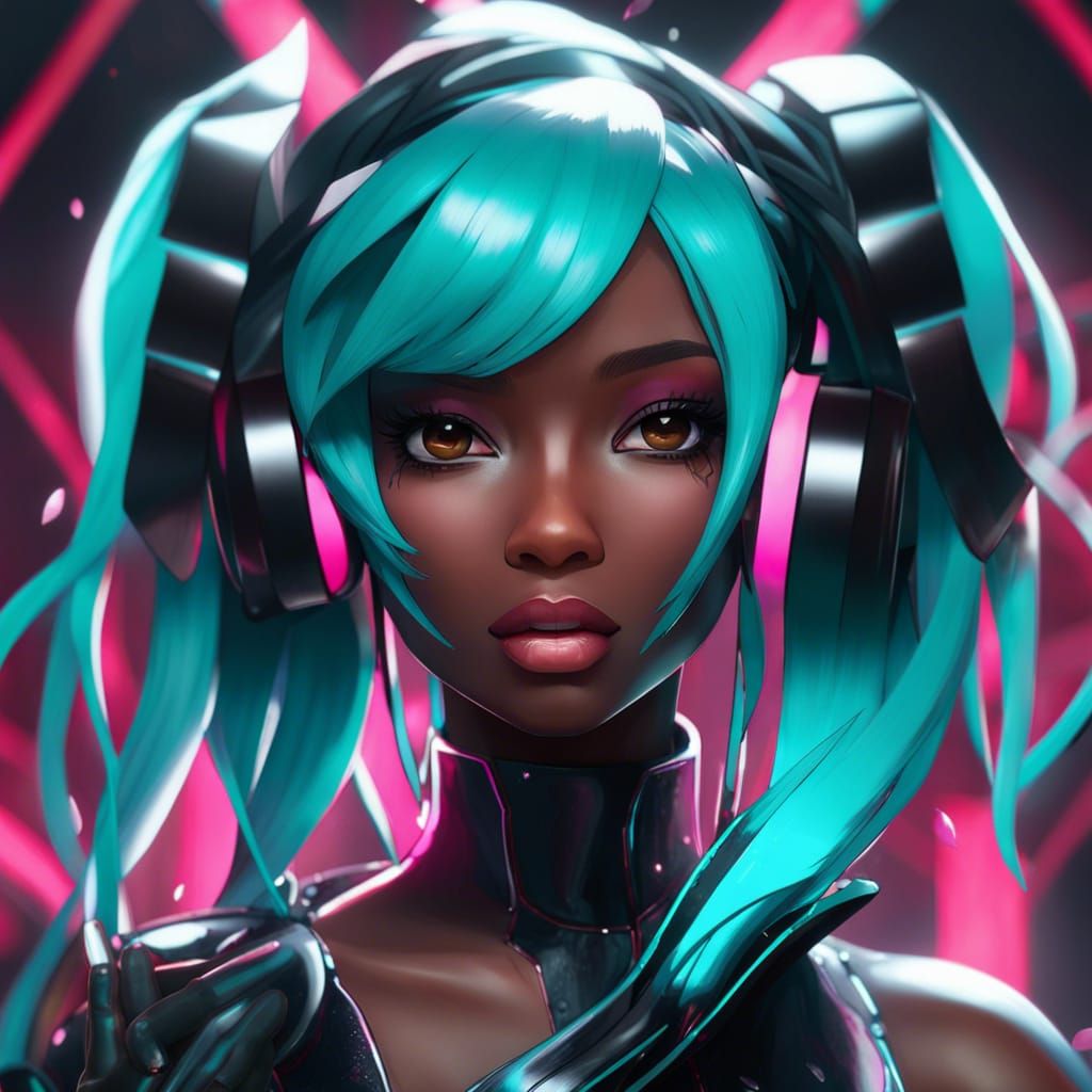 Black Barbie Hatsune Miku Portrait in Art Nouveau Style