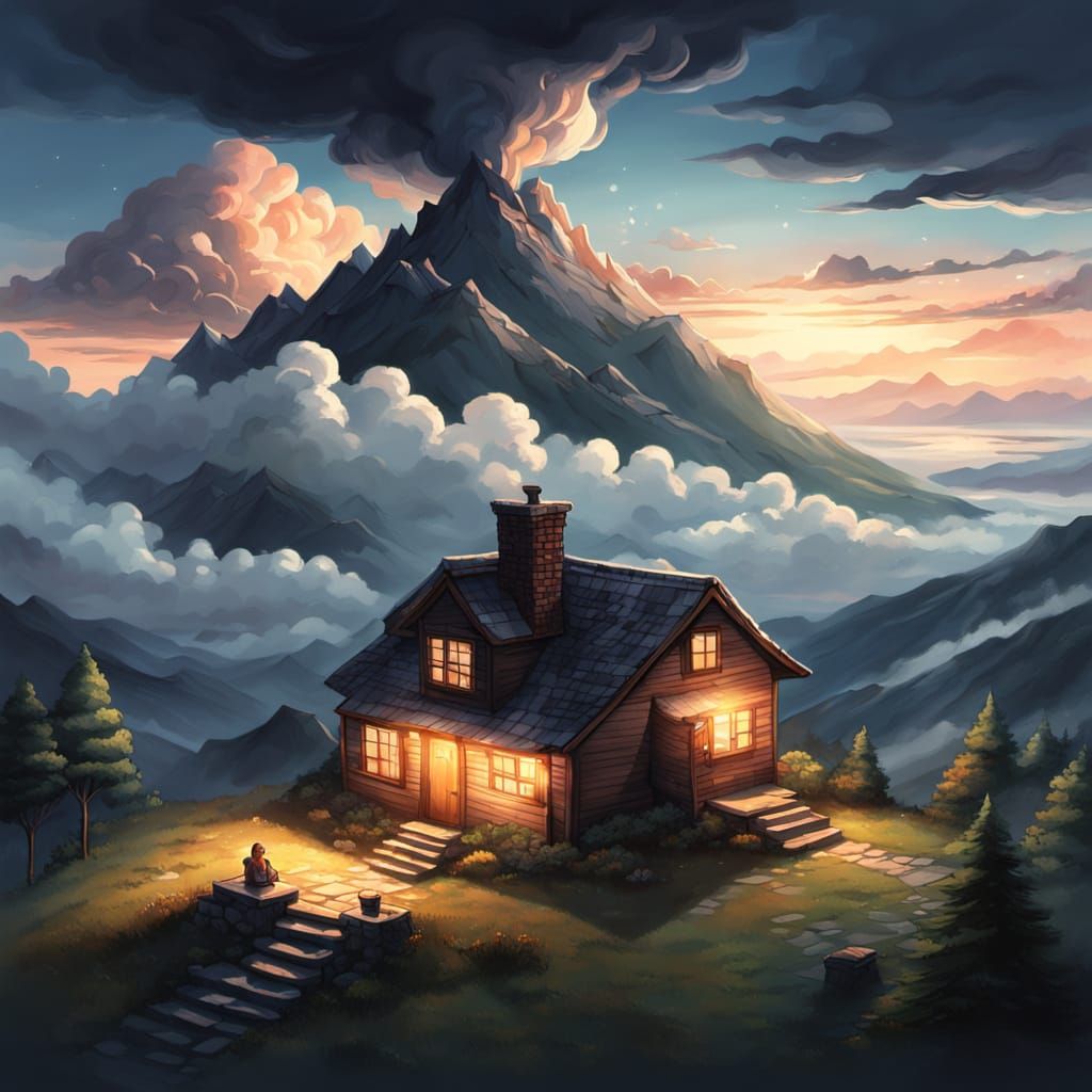 Cozy Mountain House Amidst Ethereal Clouds