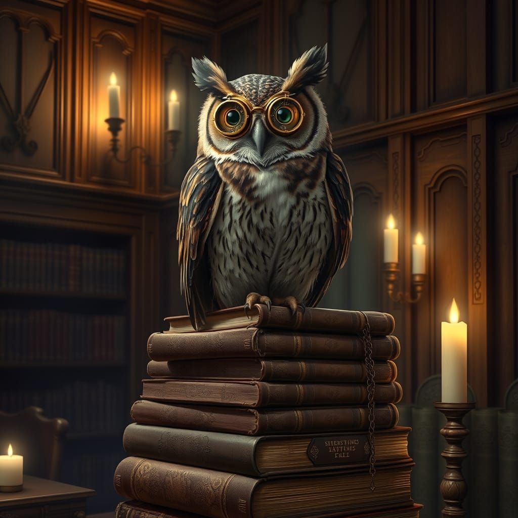 Surreal Owl of Knowledge in Victorian Library Setting