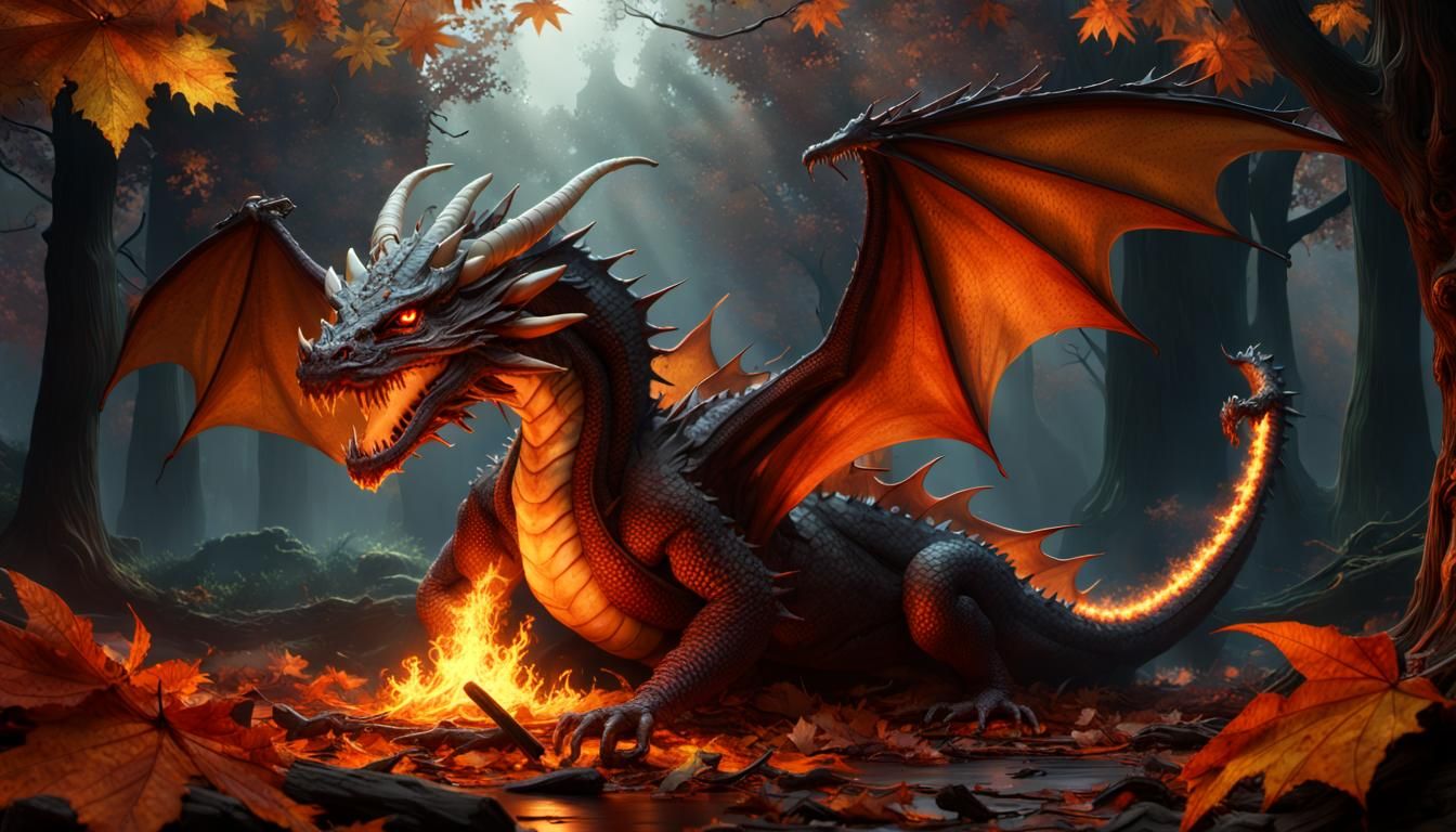 Night Dragon Campfire in Autumn, Dark Fantasy Art