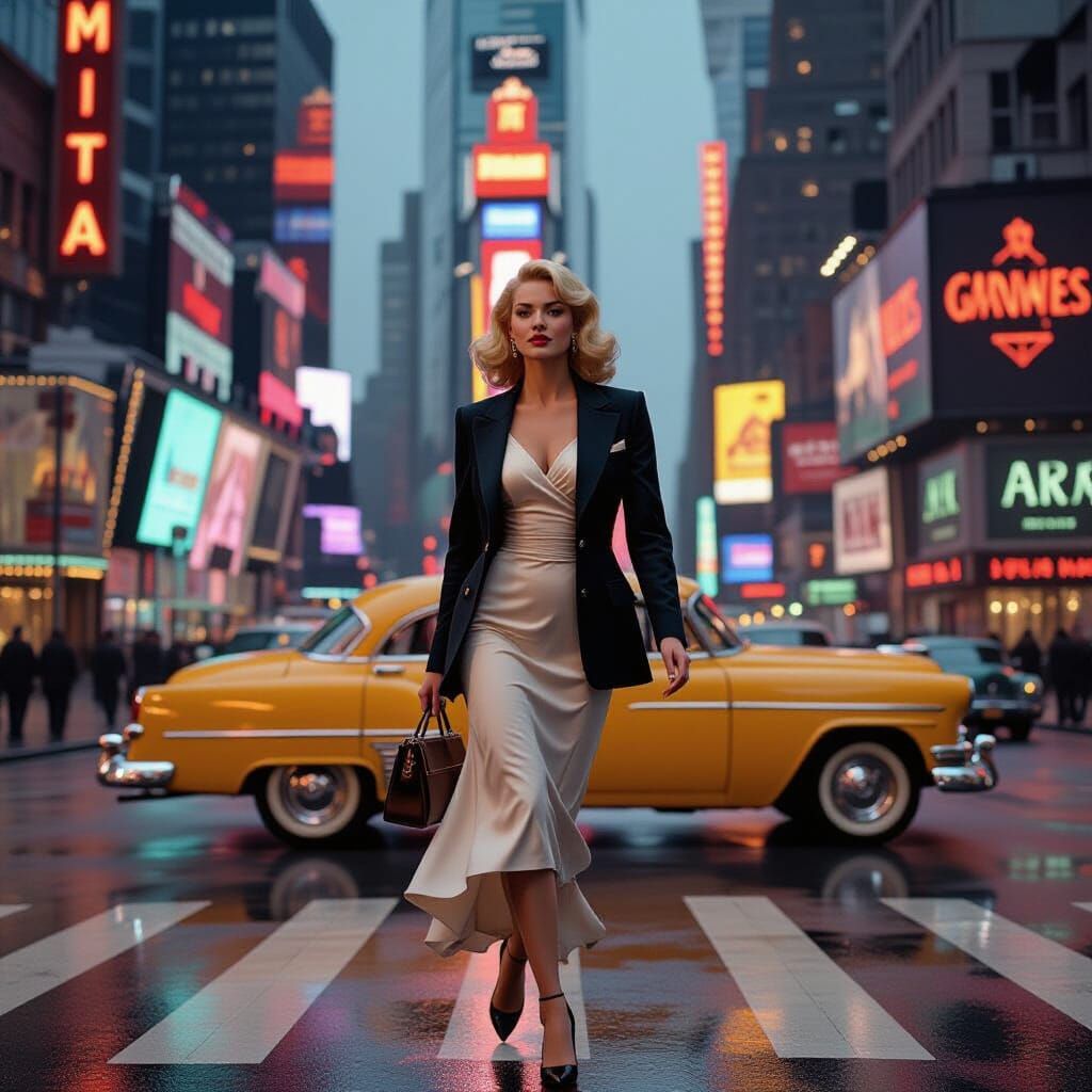 1940s Woman in Times Square, Cinematic Film Still