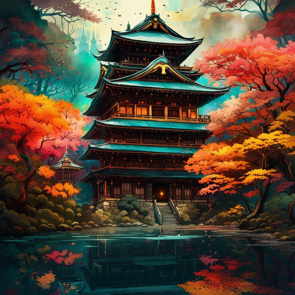 Luminous Japanese Palace in Watercolor Style