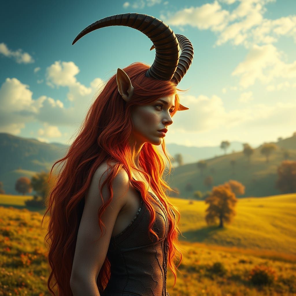 Mythical Goat Goddess in Vibrant Fantasy Landscape