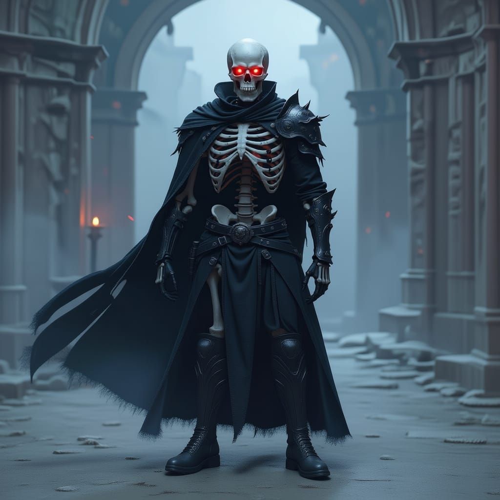 Living Skeleton Warrior in Black Armor with Red Eyes