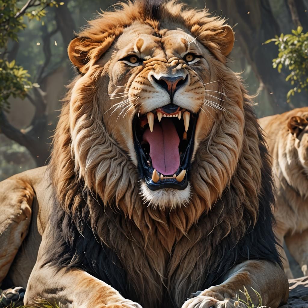 Detailed 3D Anime Art of a Yawning Lion