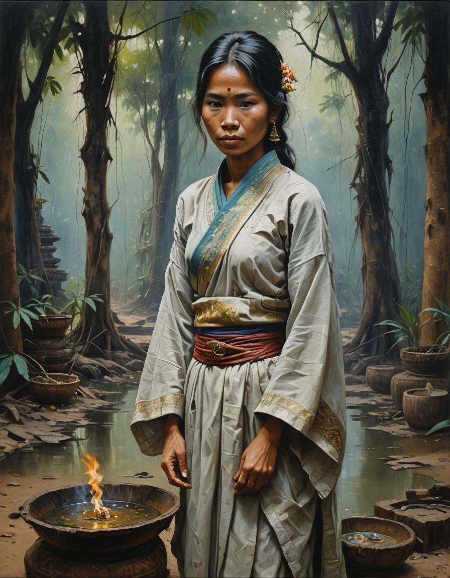 Ethereal Thai Woman Ghost in Oil Painting Style