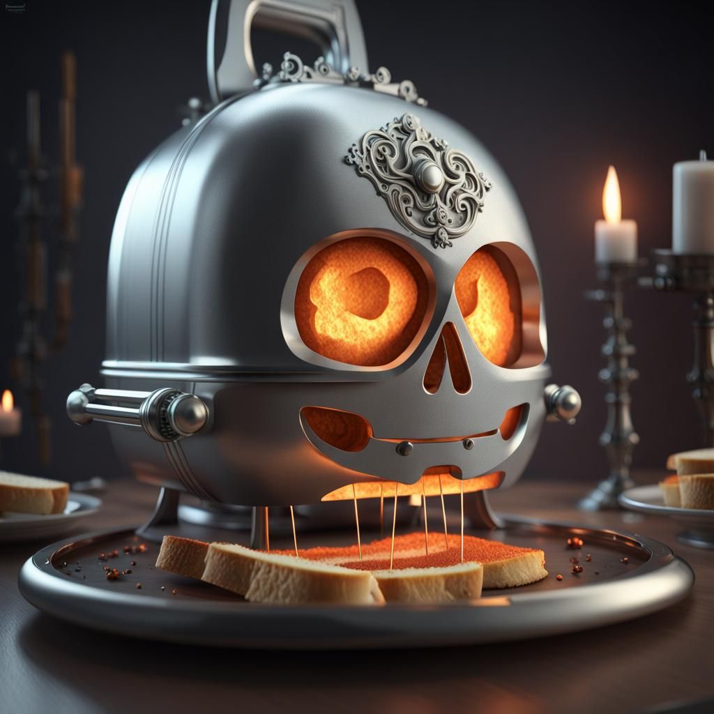 A futuristic halloween toaster that toast bread with laser halloween-swords 

retro futuristic, bomb-diffuse kit, steamp...