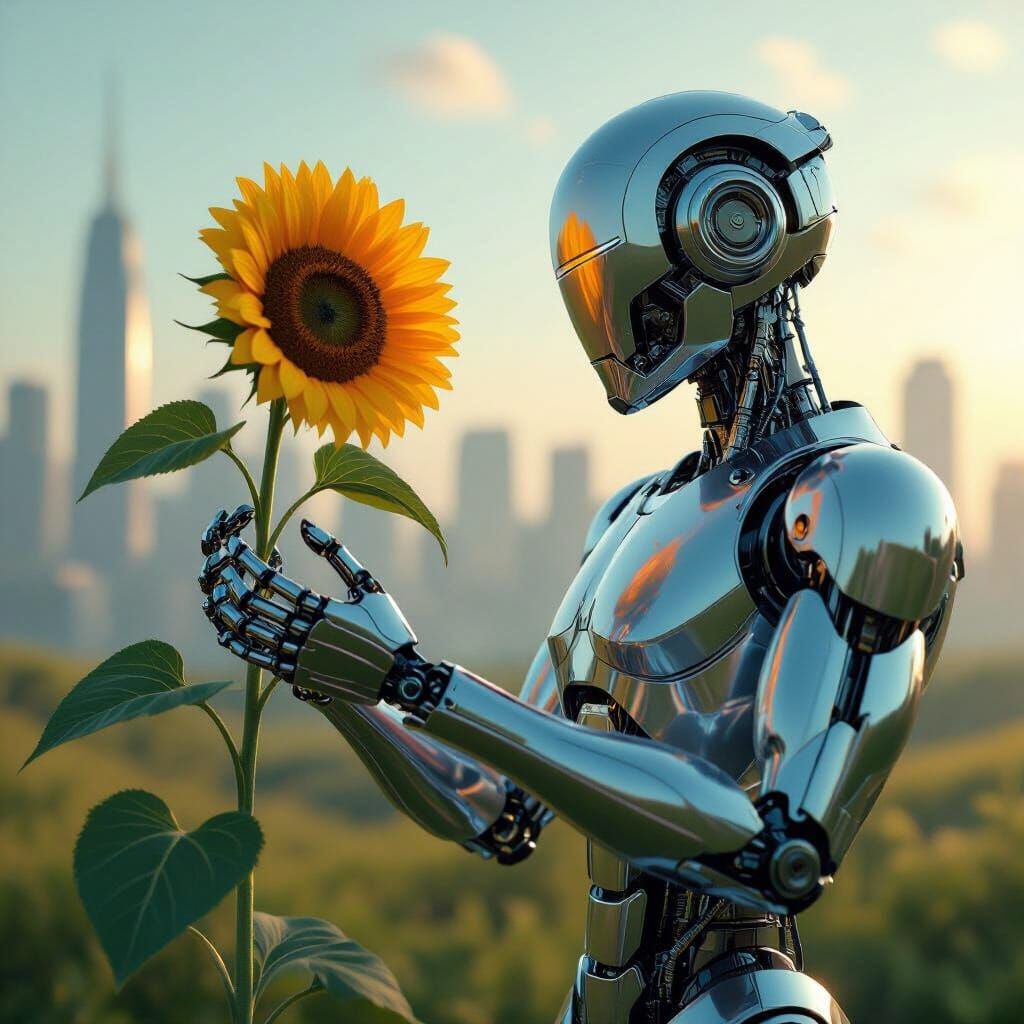 Sleek Robot Holds Sunflower in Futuristic City