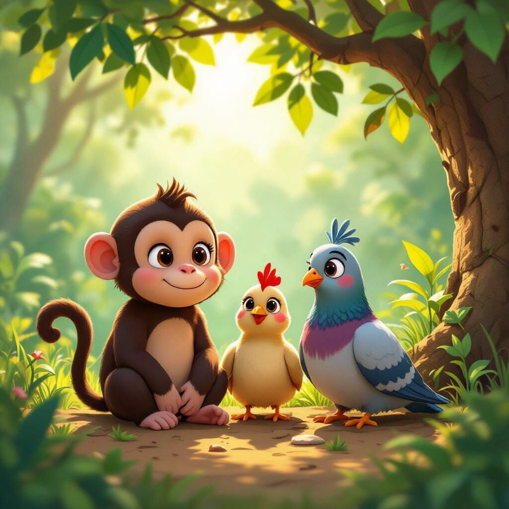 Jungle Friends: Monkey, Hen, and Pigeon Together