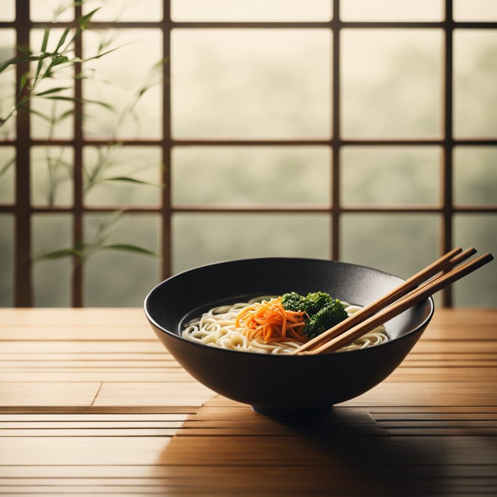 Japanese ceramic bowl with miso ramen, soft steam rising, bamboo chopsticks resting gently.