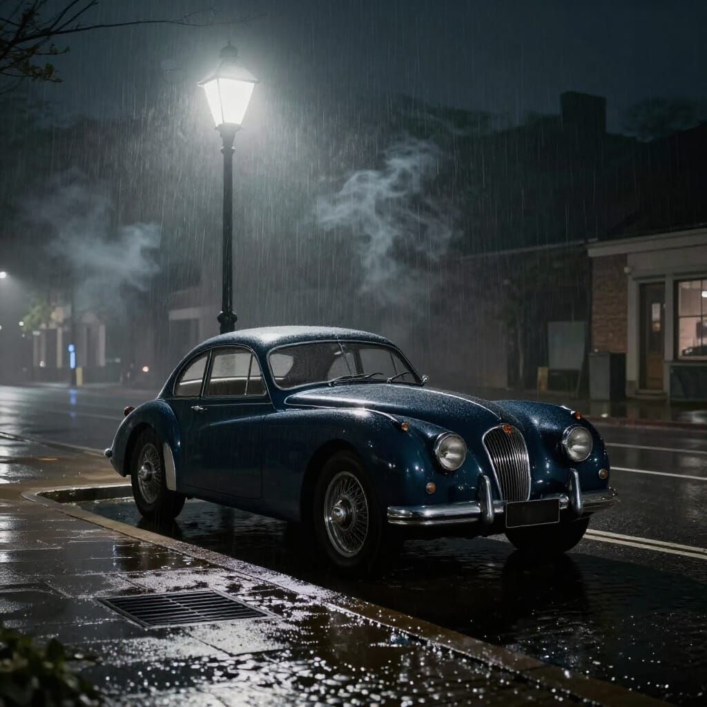 Vintage Jaguar XK140 in Moody Film Noir Night Scene