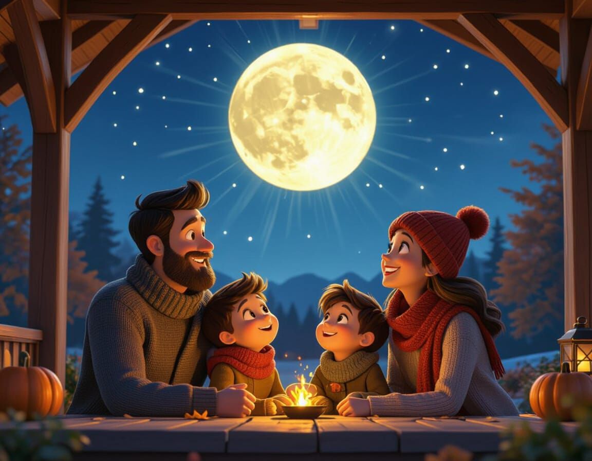 Family Gathers Under Moon in Pixar-Style 3D Art
