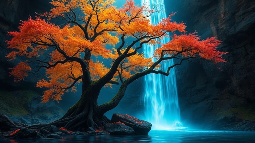 Ancient Tree Near Neon Waterfall: Digital Fantasy Painting