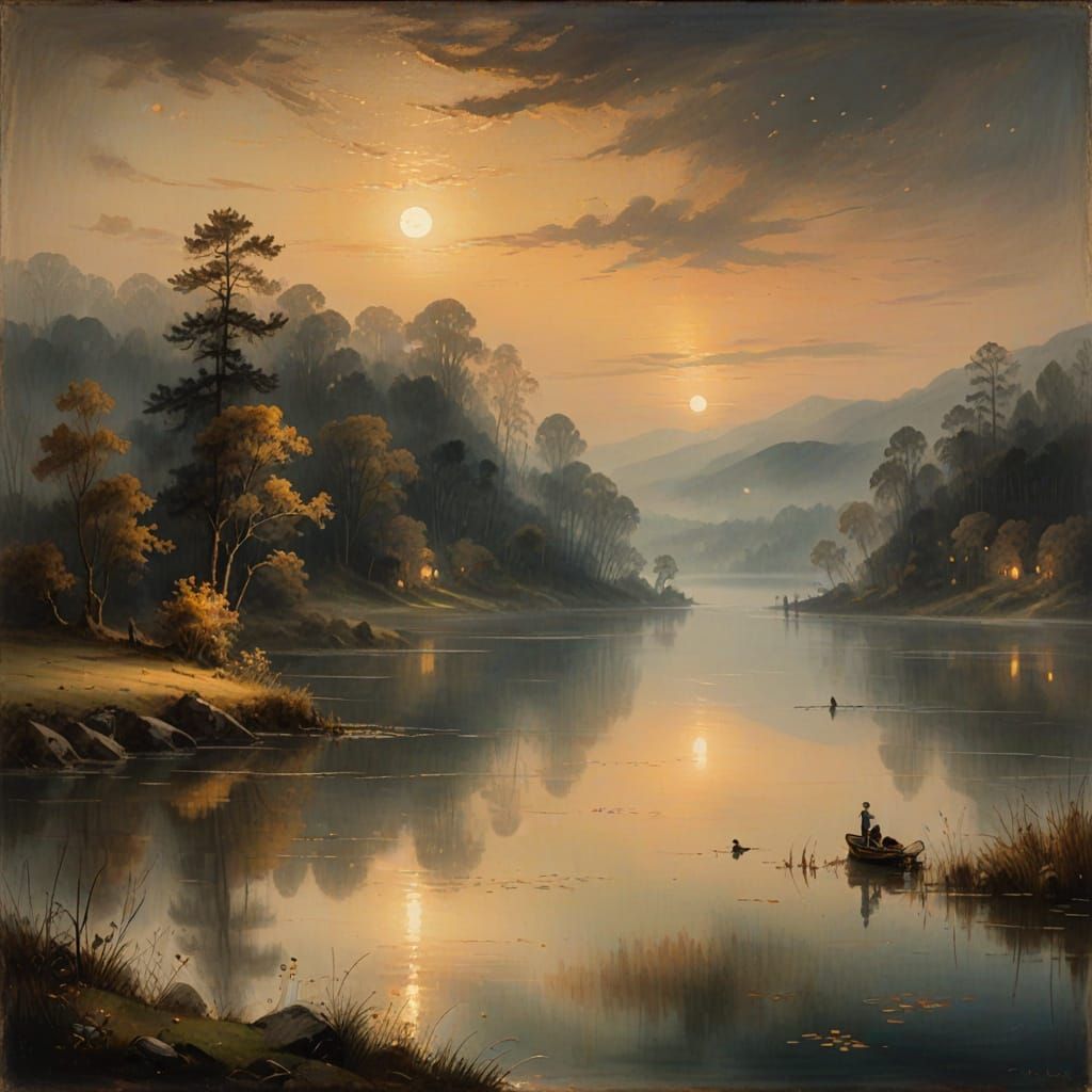Moonlit Lake Landscape in Romanticist Style