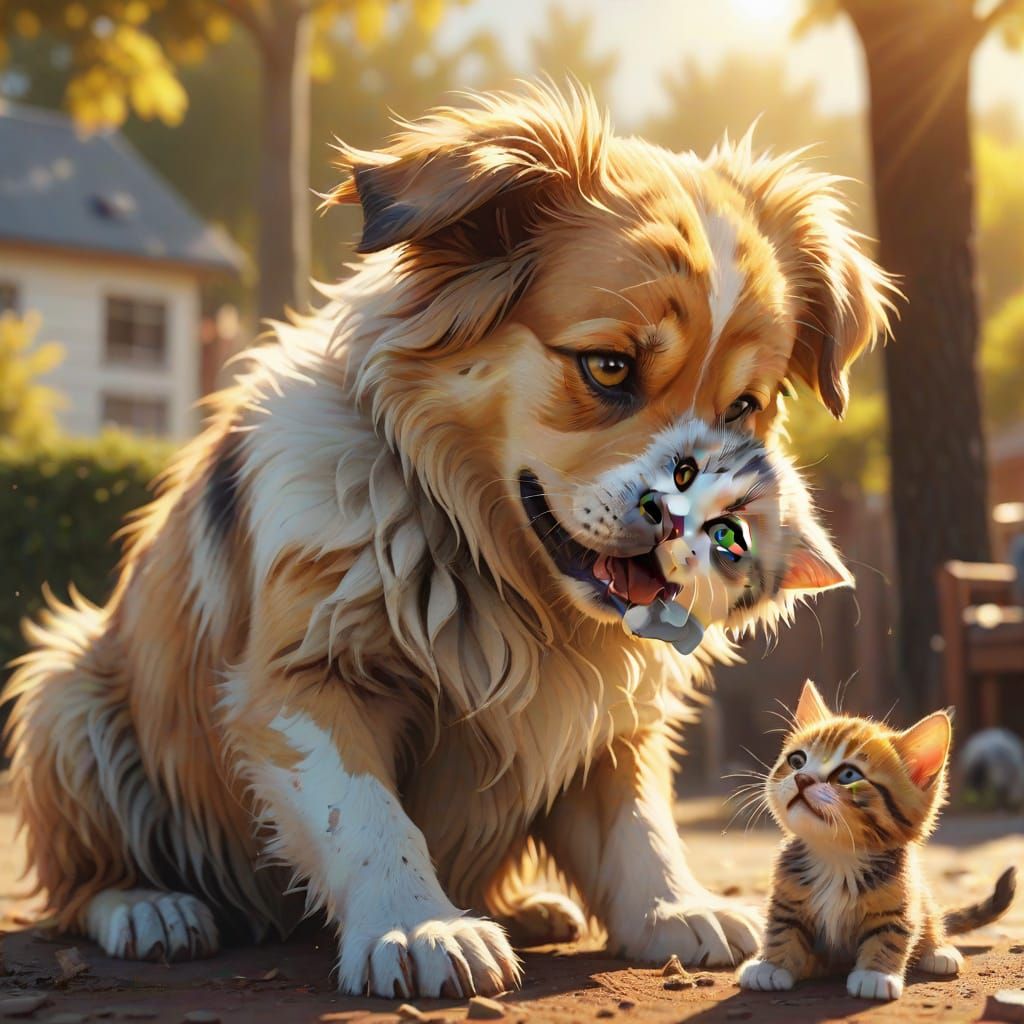 Adorable Kitten and Dog Friendship in Sunny Park