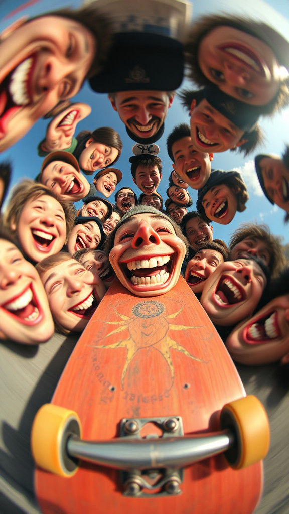 Distorted Fisheye Skateboard in Vortex of Faces