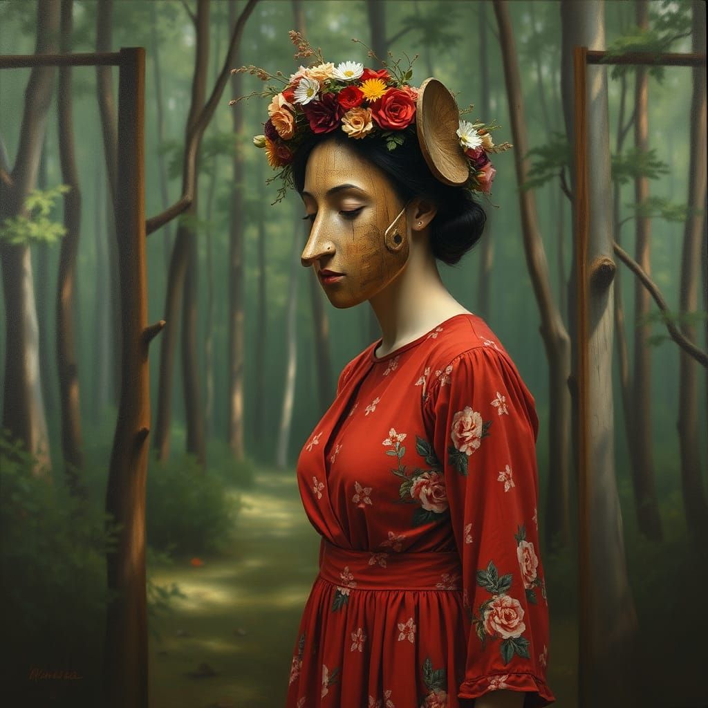 Woman with Mask and Floral Crown in Forest