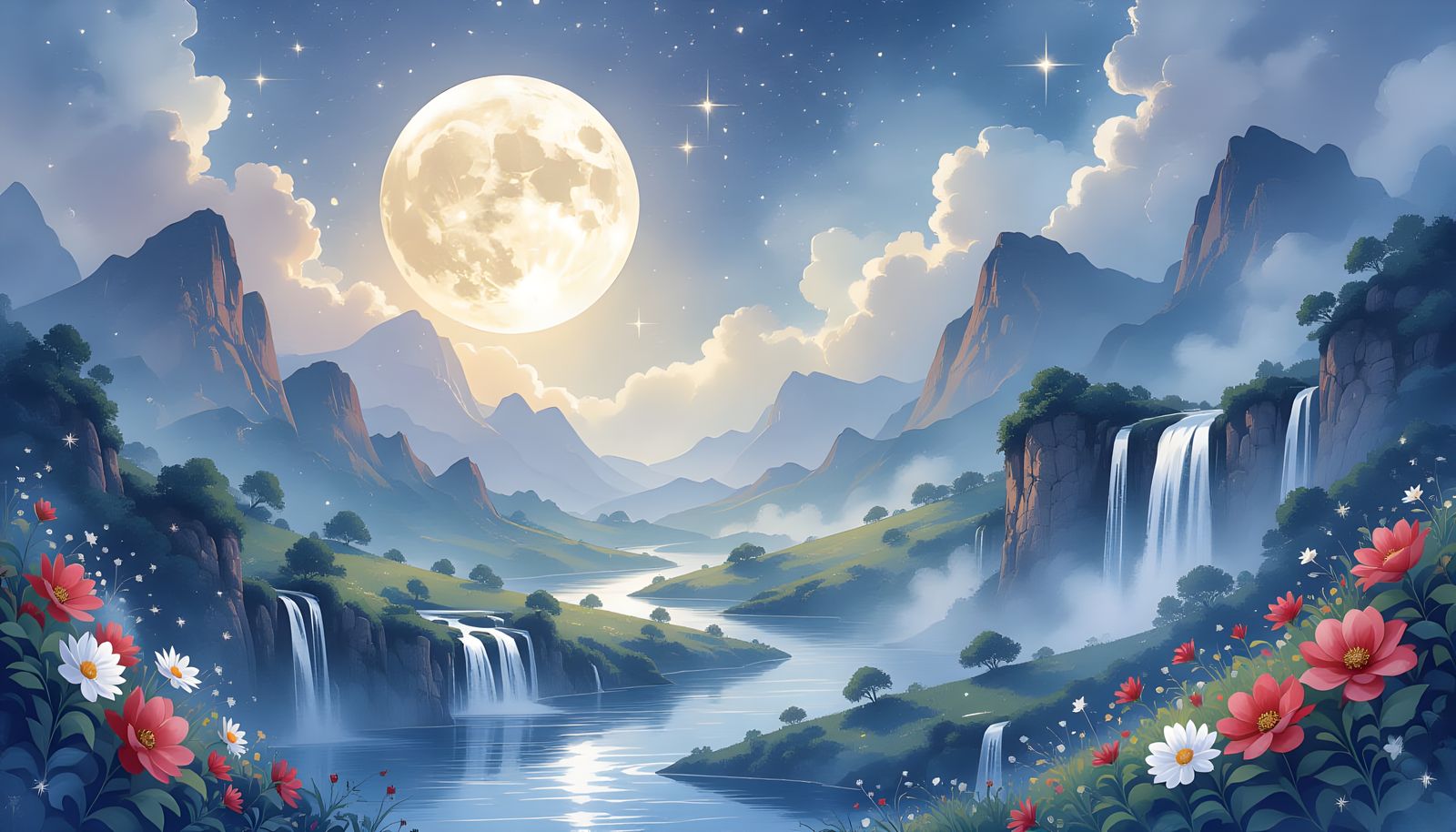 Magical Red, White and Blue Landscape with Waterfalls