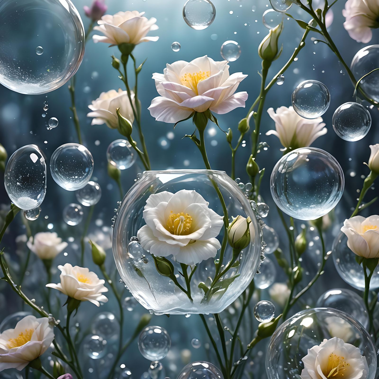 Ethereal Frozen Flowers in Glass Bubbles: Digital Matte Pain...