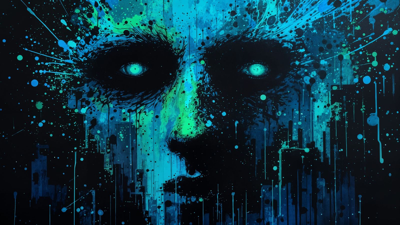 Surreal Blue Paint Face with Cityscape