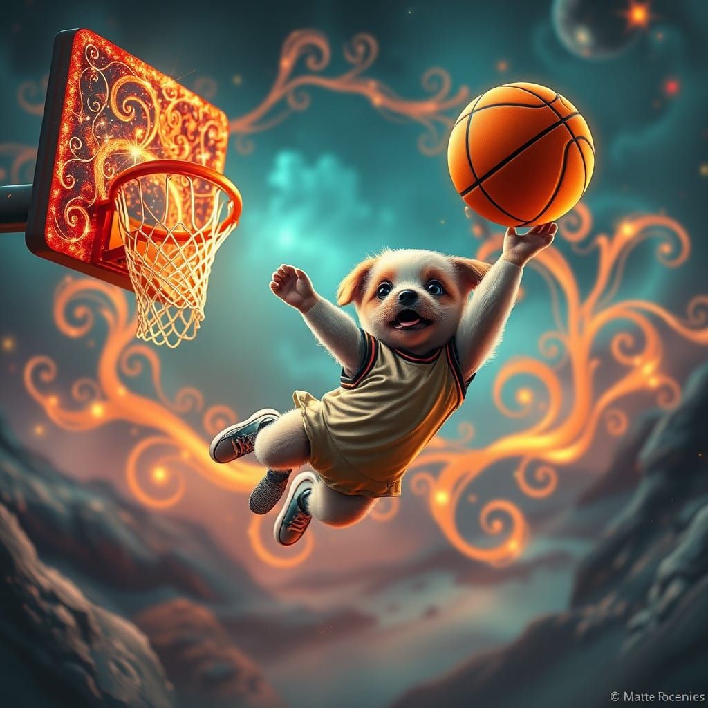 Mystical Puppy Swishes a Glowing Hoop Shot