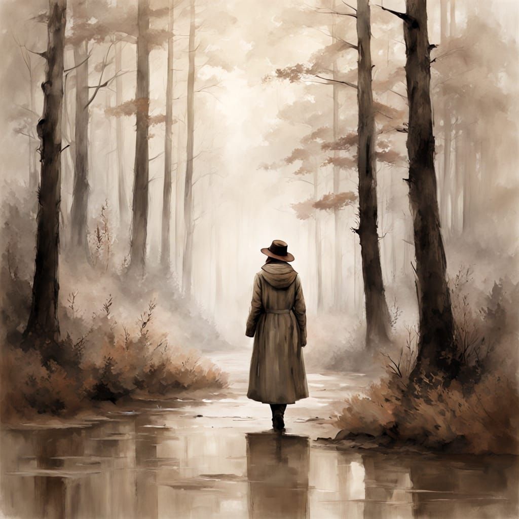 Woman in a Monochromatic Watercolor Landscape of a Misty For...