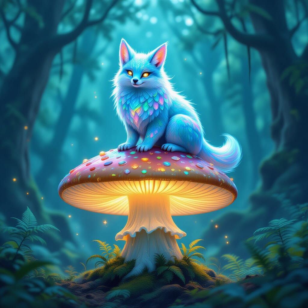 Iridescent Scaled Creature in Bioluminescent Alien Forest