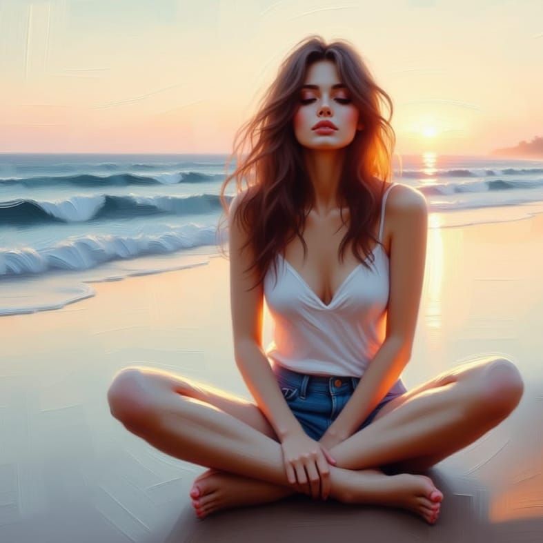 Peaceful Woman on Beach at Sunrise: Soft Painting