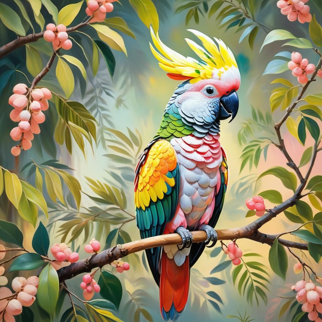 Colorful Cockatoo in Jungle, Oil Painting Style