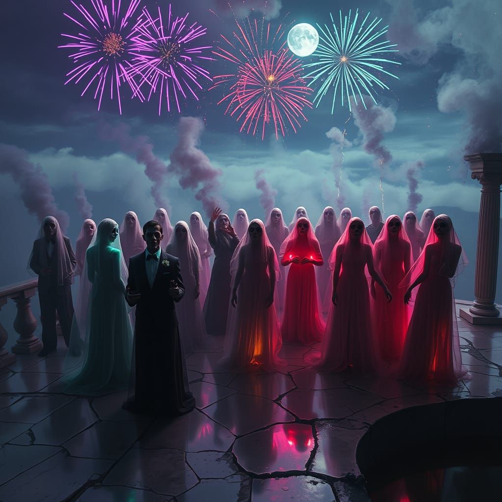 Ghosts Dance Under Eerie Fireworks on Ruined Terrace