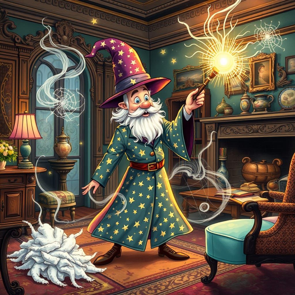 Whimsical Magician Cleans Victorian House with Magic