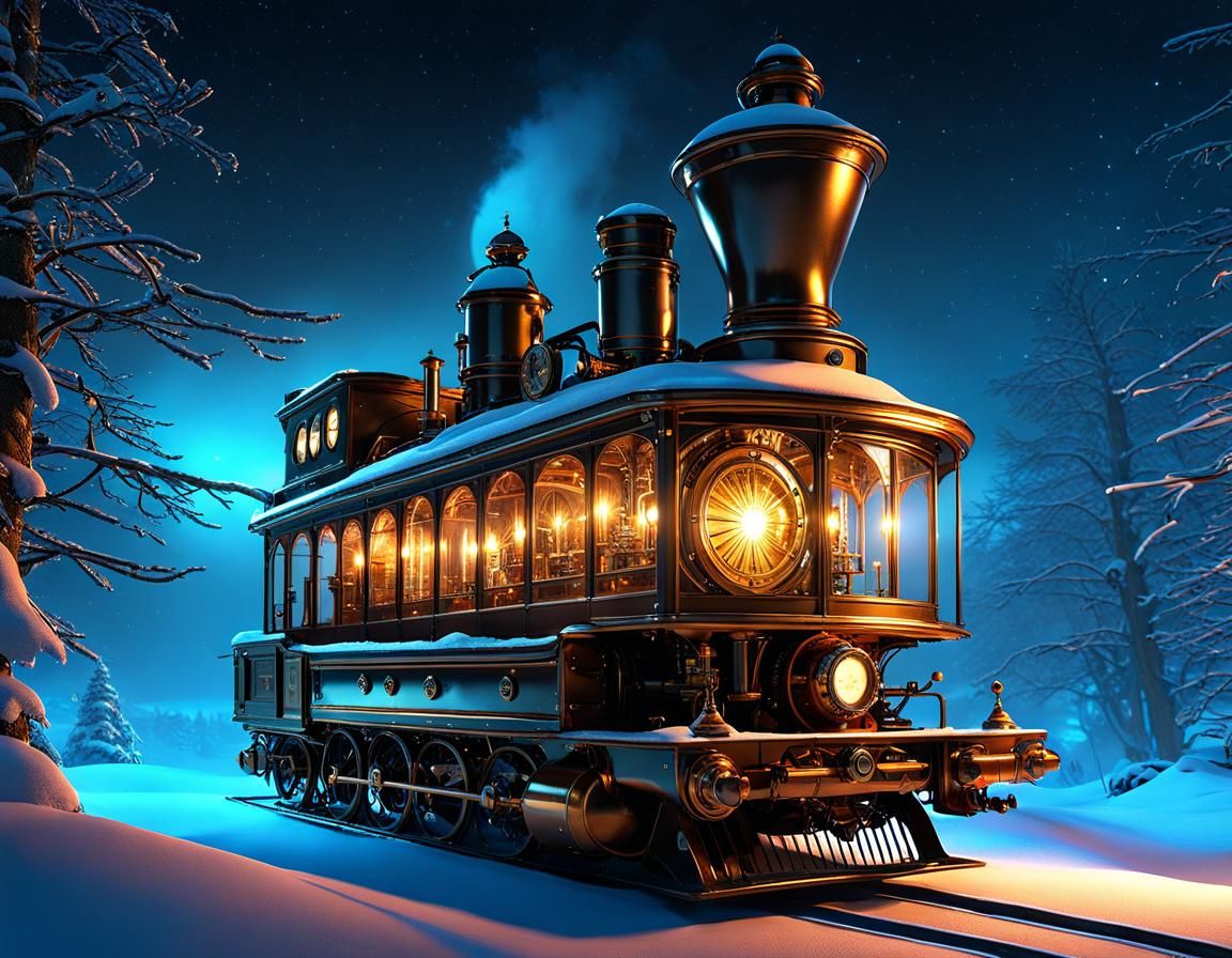 Steampunk Train Journey Through Winter Wonderland