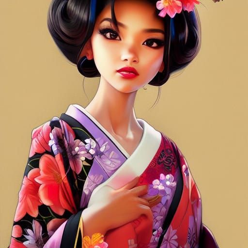 Anime-Style Geisha Portrait in Floral Kimono