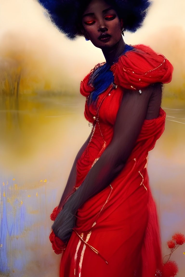 Black Goddess in Winter Landscape: Gouache and Watercolour