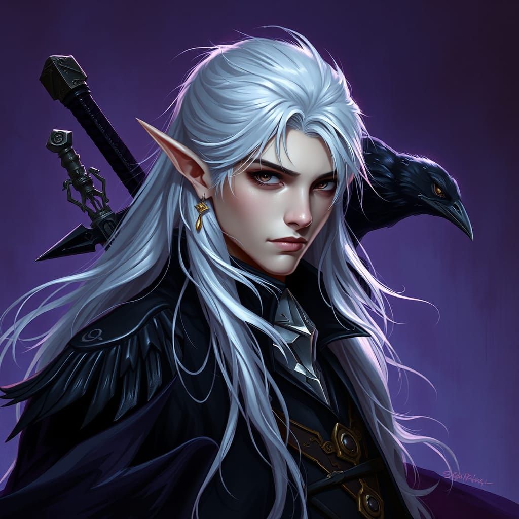 Edgy Shadar-Kai Elf with Raven in Dark Fantasy Style