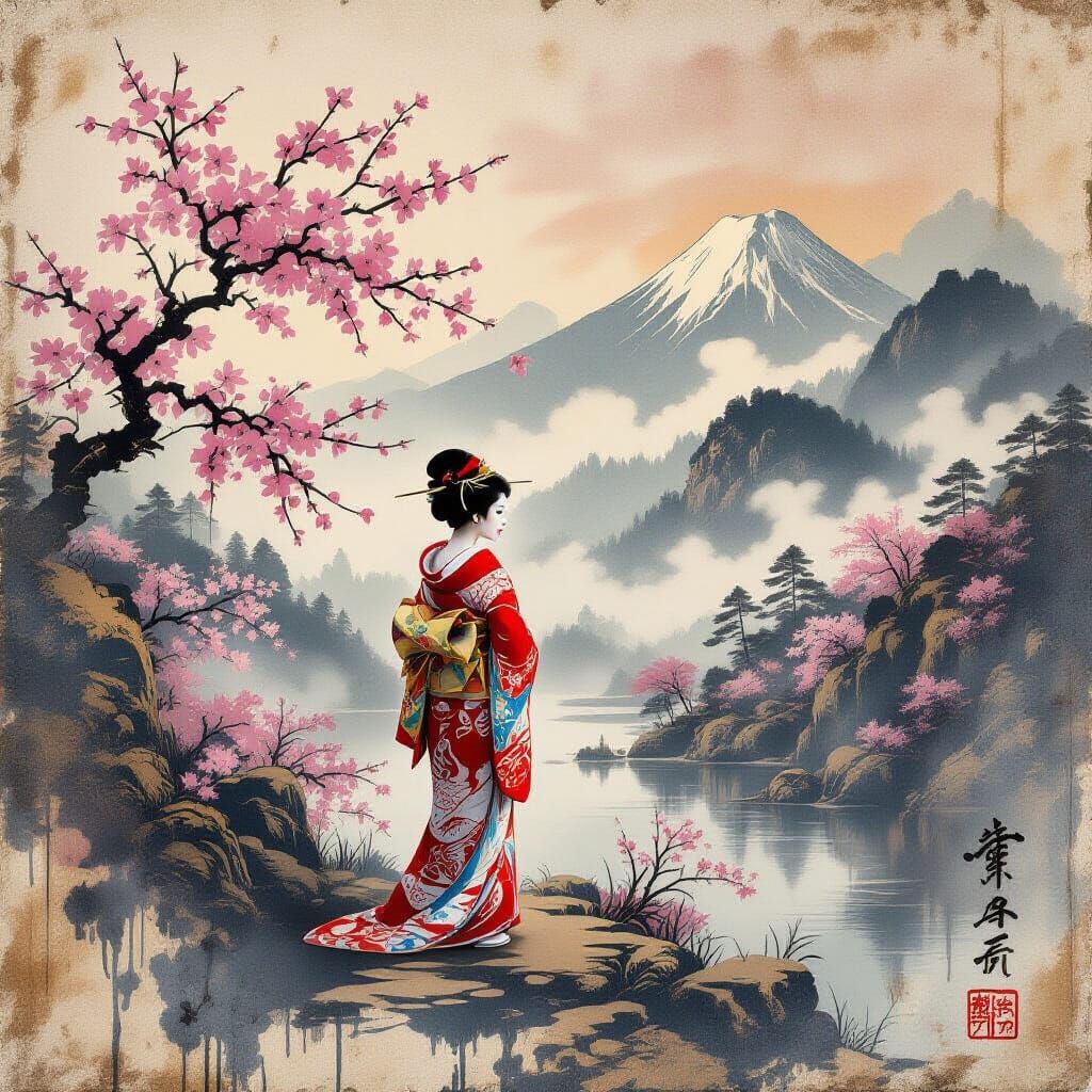Geisha in Japanese Landscape, Sumi-e Style
