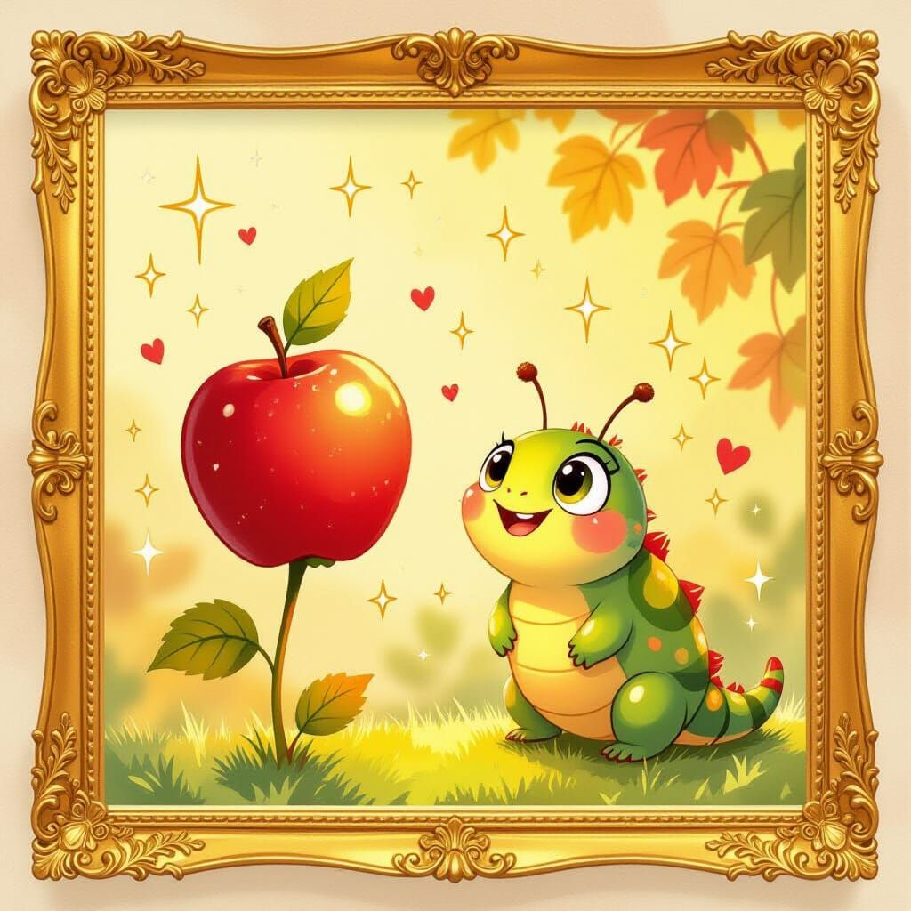 Caterpillar Gazing at Apple in Watercolor Style